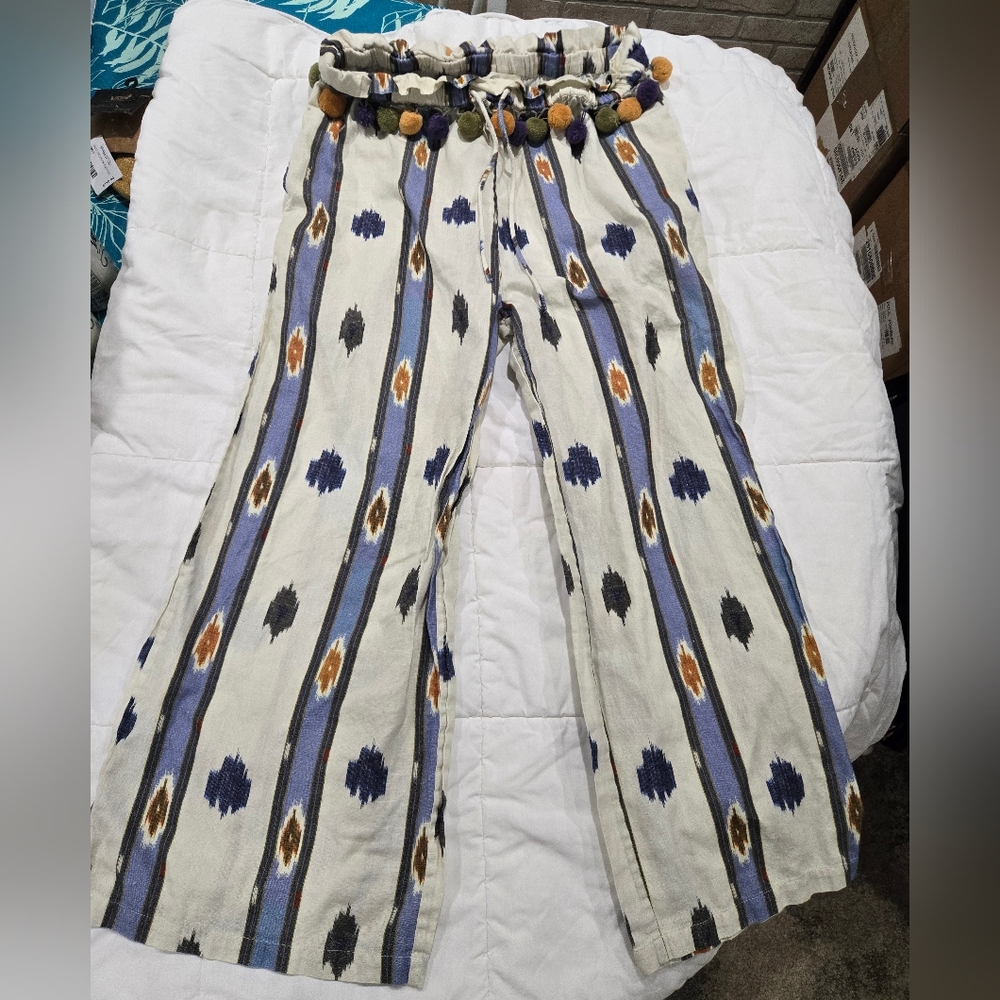 Anthropologie Cream and Blue Patterned Wide Leg Pants